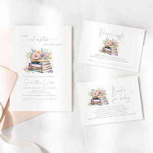 Verhalenboekthema Babyshoweruitnodigingset, bewerkbaar, bibliotheekuitnodiging, nieuw hoofdstuk babyshoweruitnodiging, boeken voor baby, luierloterijkaarten