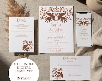 Invitaciones de boda otomíes de terracota – Suite Hacienda Mexicana (Plantilla editable de Canva)