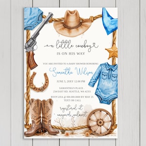 Editable Cowboy Baby Shower Invitation . A Little Cowboy Baby Shower Invite. Wild West Western Boy Blue Outdoors Rodeo Country.