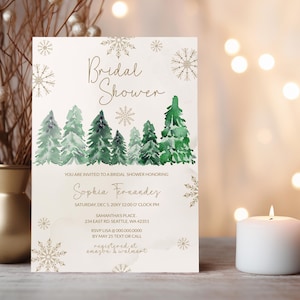 Winter Bridal Shower Invitation, Pine Trees Bridal Shower Invitation, Instant Download, Snowflakes Invitation