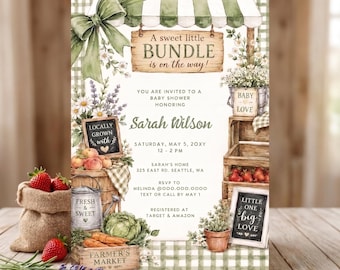 Farmers Market Baby Shower Invitation, Watercolor Editable Template, Locally Grown Printable Download
