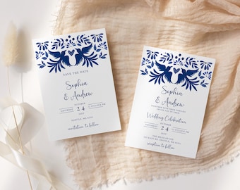 Mexican Otomi Wedding Invitation, Blue Talavera Folk Art Editable Template, Printable Download