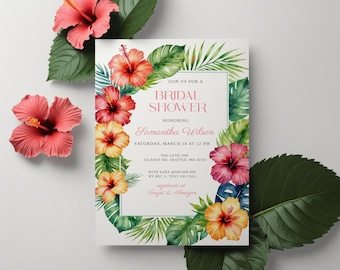 Tropische uitnodiging voor vrijgezellenfeest: roze hibiscus luau (digitaal bestand)