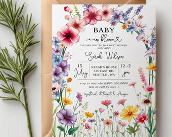 Wildflower Baby in Bloom Invitation Boho Baby Shower Invite Blush Garden Flowers