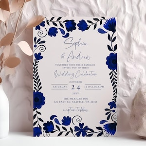 Mexican Blue Talavera Wedding Invitation Set, Qr Code Rsvp, Instant Download