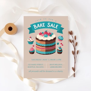 Editable Bake Sale Party Festival Invitation Fundraiser School Church Flyer Kitchen Cake Cookie Download Template Printable