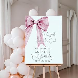 Pink Bow Birthday Sign Bundle, 1st Birthday, First Birthday Sign, Pink Bow Sign Template, Girls Just Wanna Be ONE