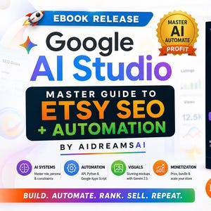 May include: An advertisement for an ebook titled "Google AI Studio: Master Guide to Etsy SEO + Automation." The cover features a book with the title and a rocket ship graphic. The book promises to help users build, automate, rank, sell, and repeat.