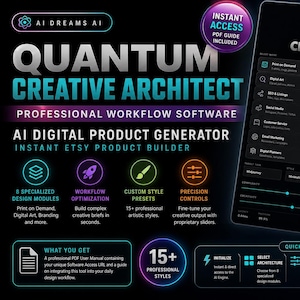 Op de afbeelding: Advertentie voor "Quantum Creative Architect", een AI-gestuurde Etsy-productgenerator. De afbeelding toont een tabletinterface met softwarefuncties zoals ontwerpmodules en stijlvoorinstellingen. Tekst omvat "Directe toegang" en "PDF-gids inbegrepen".