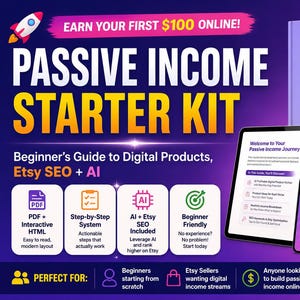 May include: A promotional image for a digital product starter kit. The image features a book, tablet, and phone with the text "Passive Income Starter Kit" and "12 Digital Income Niches on Etsy." The image also includes icons and text about digital products, Etsy SEO, and AI.
