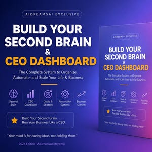 May include: A digital product cover titled Build Your Second Brain & CEO Dashboard with a purple and pink gradient background. It features icons for Second Brain, CEO Dashboard, Goals & Strategy, Automation Systems, and Business Growth.