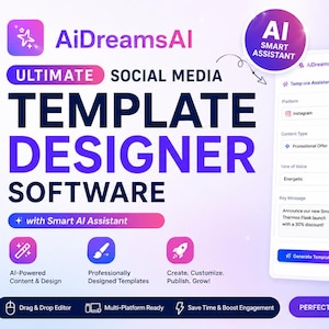 Könnte beinhalten: Digitale Werbung für die AiDreamsAI Social-Media-Vorlagendesign-Software. Die Software bietet einen KI-Assistenten und professionell gestaltete Vorlagen. Die Anzeige zeigt eine intelligente Thermoskanne mit 30 % Rabatt.