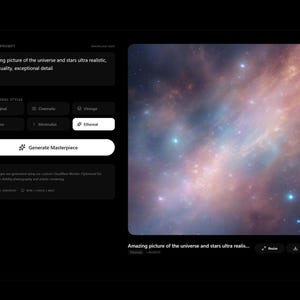 K&ouml;nnte beinhalten: Digitales Kunstbild eines Nebels mit Rosa-, Blau- und Lilat&ouml;nen. Das Bild ist eine Nahaufnahme einer Galaxie mit hellen Sternen und wirbelnden Gas- und Staubwolken. Der Text auf dem Bildschirm lautet: "Amazing picture of the universe and stars ultra realistic, high quality, exceptional detail."