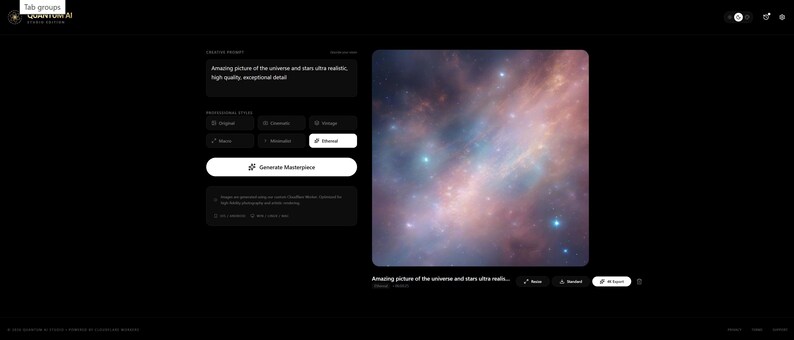 K&ouml;nnte beinhalten: Digitales Kunstbild eines Nebels mit Rosa-, Blau- und Lilat&ouml;nen. Das Bild ist eine Nahaufnahme einer Galaxie mit hellen Sternen und wirbelnden Gas- und Staubwolken. Der Text auf dem Bildschirm lautet: "Amazing picture of the universe and stars ultra realistic, high quality, exceptional detail."
