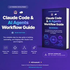 May include: A book cover titled "Claude Code & AI Agents Workflow Guide" in white and teal text on a dark blue background. The book is a 2026 edition and includes icons and text about AI development. The book is an instant download.