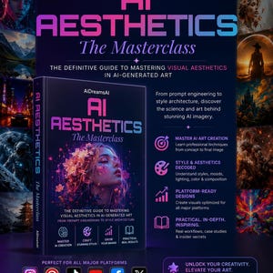 May include: A dark blue book titled AI AESTHETICS The Masterclass, featuring a portrait of a person with flowers in their hair. The cover includes text about mastering visual aesthetics in AI-generated art and various icons for art creation.