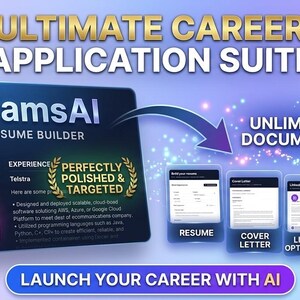 May include: Promotional graphic for AiDreamsAI, an AI-powered resume builder. The image features the text "ULTIMATE CAREER APPLICATION SUITE" and "LAUNCH YOUR CAREER WITH AI." It showcases features like resume, cover letter, and LinkedIn optimization.
