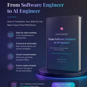 May include: A dark blue book titled From Software Engineer to AI Engineer: A Practical Career Guide, How to Transform Your Skills for the New Future-Proof Workforce. The cover features a pink brain icon and text detailing a roadmap for career growth.
