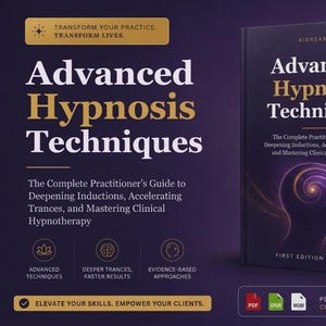 Puede incluir: Portada del libro "Advanced Hypnosis Techniques" con texto blanco y dorado sobre un fondo morado oscuro. El libro promete guiar a los profesionales en la profundización de las inducciones y el dominio de la hipnoterapia clínica. La portada también incluye iconos y la frase "Elevate Your Skills. Empower Your Clients."