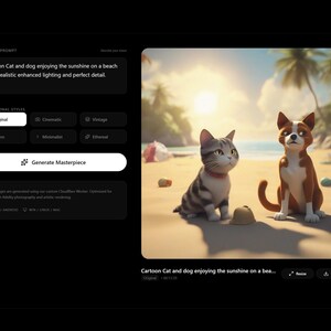 K&ouml;nnte beinhalten: Cartoon-Illustration einer Katze und eines Hundes am Strand. Die Katze ist grau und wei&szlig;, der Hund braun und wei&szlig;. Beide schauen den Betrachter an. Der Hintergrund zeigt Palmen, Sand und die Sonne.