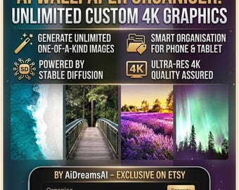 Könnte beinhalten: Eine digitale Grafikwerbung für einen KI-Hintergrundbild-Organisator mit dem Text AI WALLPAPER ORGANISER: UNLIMITED CUSTOM 4K GRAPHICS. Sie zeigt vier Naturszenen und eine mobile Benutzeroberfläche mit Schaltflächen für Organise, Generate, Nature, Space, Abstract, Cities.