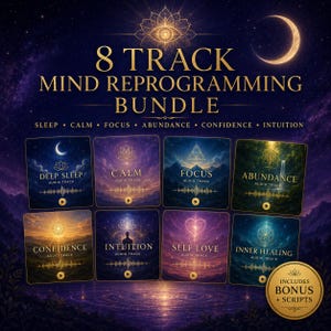 May include: An 8 track mind reprogramming bundle featuring digital audio covers with themes of deep sleep, calm, focus, abundance, confidence, intuition, self love, and inner healing. The graphic includes gold text, a crescent moon, and a lotus icon.