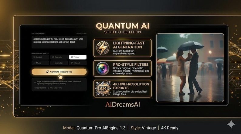 May include: A promotional graphic for Quantum AI Studio Edition. The image shows a user interface with text and buttons, alongside a stylized image of a couple dancing in the rain. The graphic highlights features like lightning-fast AI generation and 4K high-resolution exports.