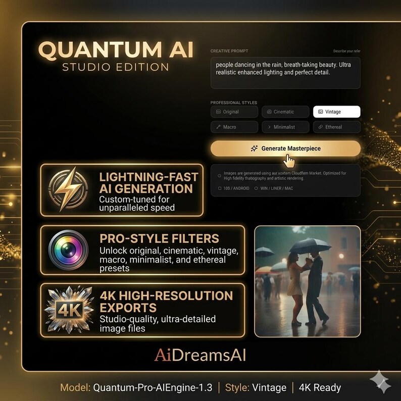K&ouml;nnte beinhalten: Digitale Werbung f&uuml;r Quantum AI Studio Edition. Sie hebt Funktionen wie schnelle KI-Generierung, Pro-Style-Filter und 4K-Exporte hervor. Der Text "Meisterwerk generieren" ist enthalten, sowie ein Bild im Vintage-Stil.