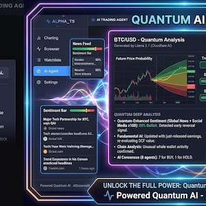 Puede incluir: Una interfaz digital que muestra análisis financieros, con las etiquetas "QUANTUM AI AGENT" y "STANDARD AI AGENT". La pantalla muestra gráficos, datos y el texto "STRONG BUY SIGNAL". La interfaz está enmarcada con un borde neón púrpura y azul.