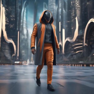 K&ouml;nnte beinhalten: Eine futuristische Kleidung in Orange, Grau und Schwarz. Das Ensemble umfasst eine Kapuzenjacke, einen langen Mantel und eine figurbetonte Hose. Die Person tr&auml;gt einen Helm mit dunklem Visier und schwarze Schuhe. Der Hintergrund zeigt eine Stadtlandschaft.