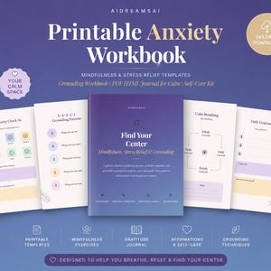 Peut inclure: Un cahier d'exercices imprimable sur l'anxiété avec le titre "Printable Anxiety Workbook" en texte blanc. Le cahier comprend des modèles, des exercices et un journal pour la pleine conscience et le soulagement du stress. La couverture est violette avec le titre "Find Your Center".