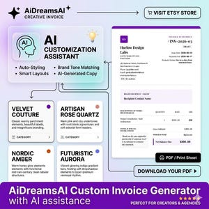 Peut inclure: Une interface de générateur de factures créatives AiDreamsAI présentant un assistant de personnalisation IA avec auto-stylisation, mises en page intelligentes, correspondance de ton de marque et copie générée par IA, incluant quatre catégories.