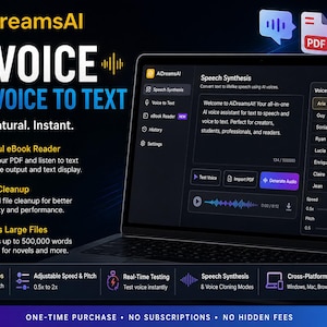 May include: A laptop screen displays the AiDreamsAI AI Voice software interface. The software offers text-to-speech and voice-to-text capabilities. Features include an eBook reader, file cleanup, and support for large files. The interface is dark with blue and white accents.