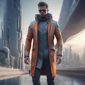 K&ouml;nnte beinhalten: Eine Person tr&auml;gt einen futuristischen orangefarbenen und grauen Mantel mit hohem Kragen und langem Design. Der Mantel hat graue Akzente an Schultern und &Auml;rmeln. Die Person tr&auml;gt eine Sonnenbrille und steht vor einer futuristischen Stadtlandschaft.