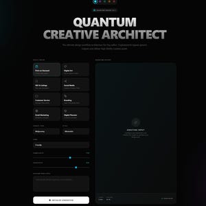 May include: A dark-themed user interface with the text "QUANTUM CREATIVE ARCHITECT." The interface includes selectable options for design workflows, including "Print on Demand," "SEO & Listings," and "Digital Art." The interface is designed for Etsy sellers.