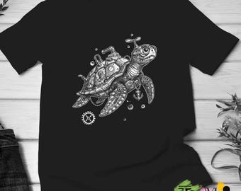 Mechanical Turtle T-Shirt, Steampunk Animal Graphic Tee, Retro Ocean Art Shirt, Vintage Turtle Print
