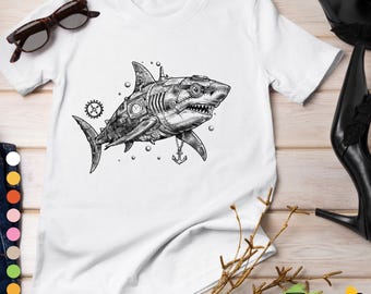 Steampunk Mechanical Shark T-Shirt, Retro Ocean Graphic Art Tee