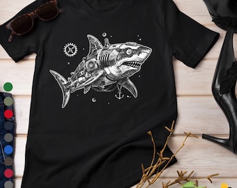 Mechanical Shark T-Shirt, Steampunk Ocean Graphic Tee, Retro Sea Animal Shirt, Vintage Shark Art