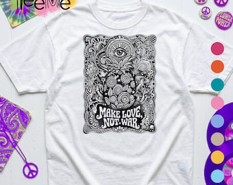 Make Love Not War T-Shirt, 70s Psychedelic Art Tee, Retro Hippie Graphic Shirt, Peace Sign Mushroom Print, Vintage Poster Style