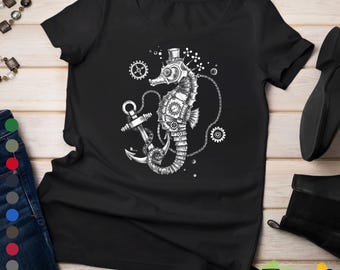 Mechanical Seahorse T-Shirt, Retro Ocean Graphic Tee, Steampunk Marine Art Shirt, Vintage Animal Print