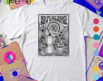 70s Psychedelic Coffee T-Shirt, Mushroom Art Shirt, Vintage Counterculture Print, Retro Poster Graphic Tee, Hippie Style Gift