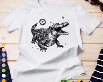 Mechanical Crocodile T-Shirt, Steampunk Reptile Graphic Tee, Retro Artistic Print