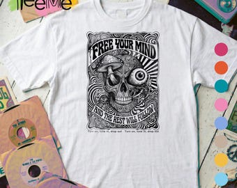 Psychedelic Skull T-Shirt, Mushroom Graphic Tee, 70s Retro Poster Art, Trippy Counterculture Shirt, Vintage Psychedelic Print