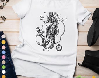 Seahorse Graphic T-Shirt, Steampunk Seahorse Tee, Mechanical Ocean Print, Retro Animal Shirt, Artistic Graphic Tee
