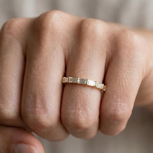 Baguette Diamond Half Eternity Band, Channel Set Baguette Ring, Gold Baguette Wedding Band, Geometric Diamond Ring, Stacking Bridal Band