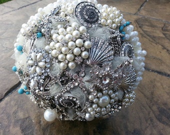 Brooch Bridal Bouquet - Custom - Rhinestone brooches, pearls, tulle, Destination Wedding, Beach, Ocean Inspired