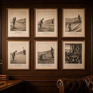 May include: Six framed sepia-toned golf prints with gold frames are displayed on a dark wood panelled wall. Each print shows a different golf scene with text: "The Approach", "The Tee Shot", "Bunker Trouble", "The Long Putt", "Searching for the Ball", and "The Nineteenth Hole".