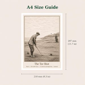 May include: Sepia-toned print titled "The Tee Shot" from the Golfer Series. It depicts a golfer in vintage attire preparing to hit a golf ball on a green course. The print measures 8.3 inches wide and 11.7 inches tall.