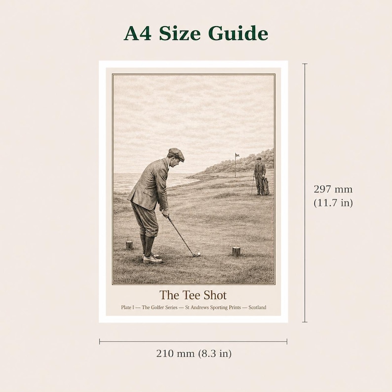 May include: Sepia-toned print titled "The Tee Shot" from the Golfer Series. It depicts a golfer in vintage attire preparing to hit a golf ball on a green course. The print measures 8.3 inches wide and 11.7 inches tall.