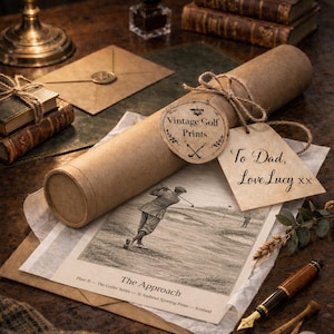 May include: A rolled-up vintage golf print, tied with twine, featuring a golf scene and the text "The Approach." A tag reads "To Dad, Love Lucy." The print is accompanied by a pen, golf tees, and a golf ball, suggesting a gift.
